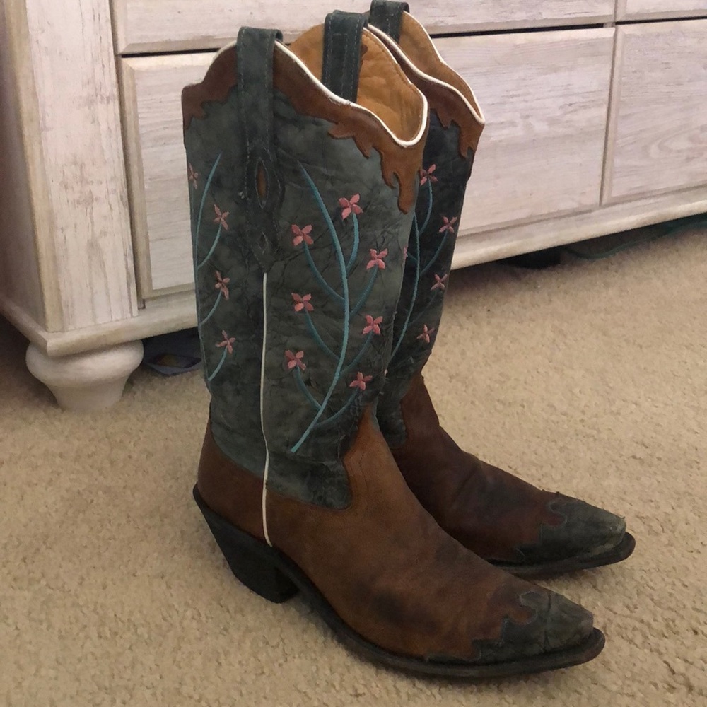 Old West Blue Brown Cowgirl Boots